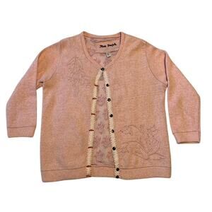 Free People Sweater Cardigan Large Pink Wool Angora Embroidery Hand-stitched